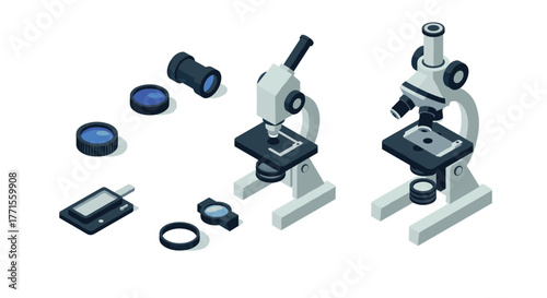Isometric microscope and laboratory equipment set for scientific exploration