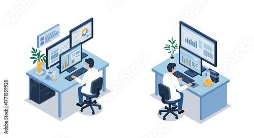Isometric office workstations with dual monitors and analytics dashboard