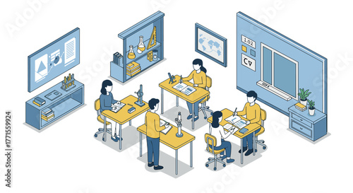 Isometric classroom scene with students and teachers engaged in learning activities