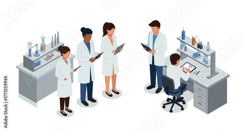 Isometric lab team working: scientists analyzing data in a modern laboratory setting