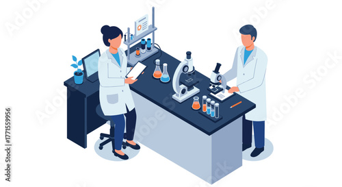 Scientists in laboratory conducting experiments with microscopes and test tubes in isometric style