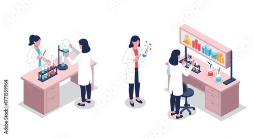 Isometric science laboratory scene with female scientists conducting experiments