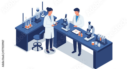 Modern isometric laboratory scene with scientists using microscopes and lab equipment