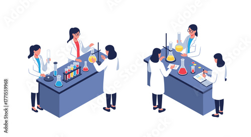 Isometric lab scene with scientists conducting experiments in modern laboratory setting