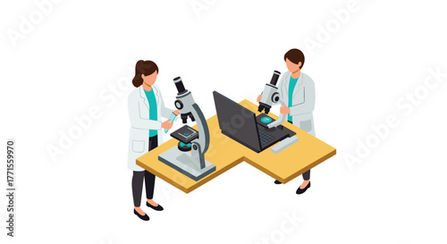 Isometric laboratory scientists analyzing samples with microscopes and laptops