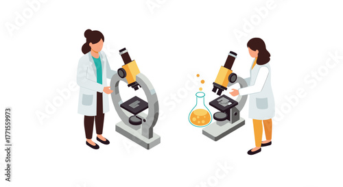 Scientists observing samples in laboratory with microscopes in isometric design