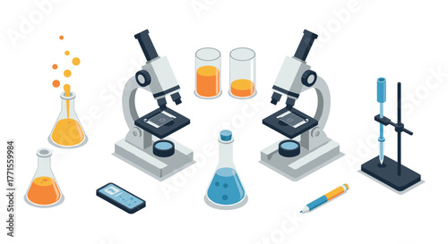 Laboratory equipment set with microscopes and beakers in isometric style
