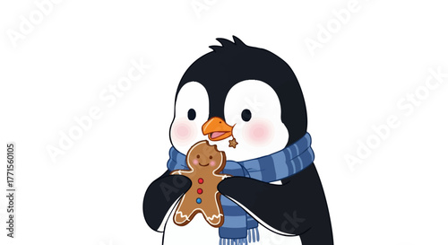 Cartoon penguin wearing a blue scarf is holding and eating a gingerbread man cookie.