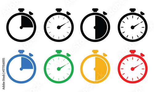 Stopwatch icon, Timer symbol, Stopwatch icon set, Timer, clock, and stopwatch symbol, Set of sports stopwatch icons showing time