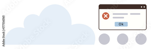 Browser error window with an Ok button over a large cloud graphic and dots below. Ideal for technology, cloud computing, error handling, UI design, troubleshooting, alerts, and user notifications