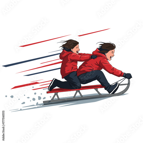 Two children sledding down a snowy hill in red jackets  