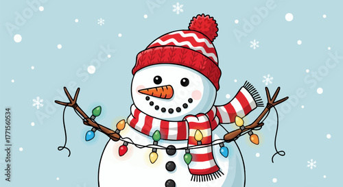 Cartoon snowman wearing a red and white striped scarf and hat, holding a string of colorful Christmas lights against a blue snowflake background.