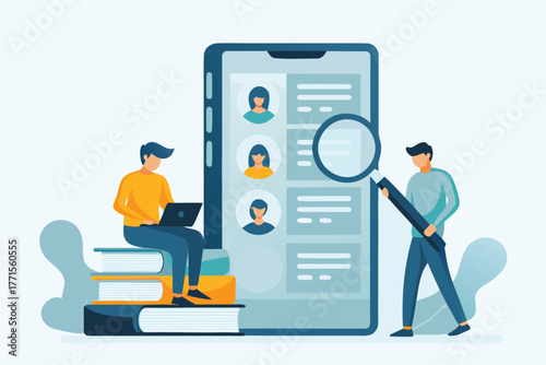 Digital recruitment process with people using technology and books for job search and analysis