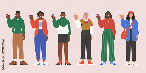 Diverse group of six people waving hello with friendly expressions and colorful modern clothing