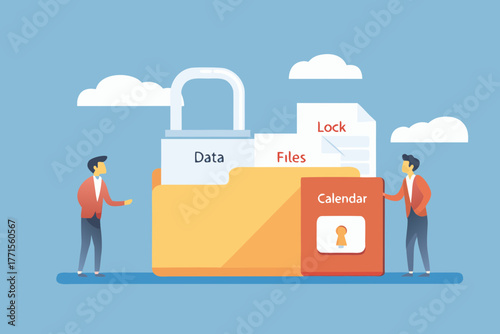 Secure data and files concept with a padlock and calendar protected by two people