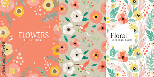 Beautiful floral collection with hummingbirds and greeting card designs