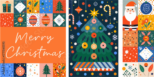 Festive merry christmas greeting card with santa claus and decorated christmas tree in a colorful mosaic pattern