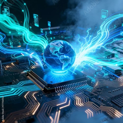 Global Digital Network - Earth Globe with Circuit Board and Glowing Connections.