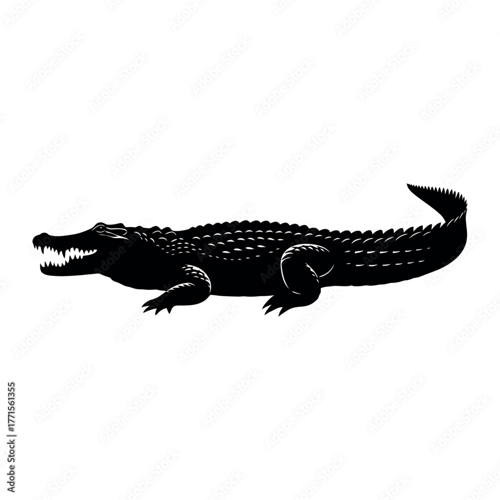 Naklejka premium Black silhouette of a crocodile or alligator in profile isolated on white background