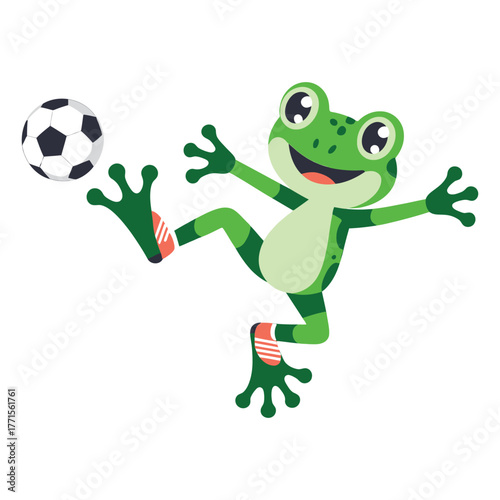A cheerful cartoon green frog with big eyes and a wide smile enthusiastically kicking a black and white soccer ball with its hind leg isolated on a white background conveying fun and sport