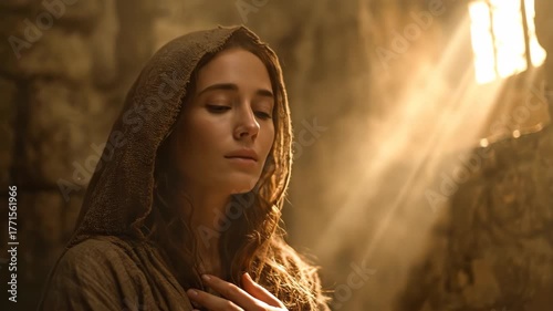 A young woman praying with faith in a dark stone room. Biblical character looking up towards a divine light from a window. Concept of hope and spiritual devotion