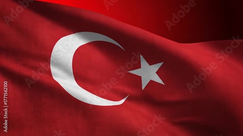 Waving Turkish flag with crescent moon and star against a red background, symbolizing national pride.