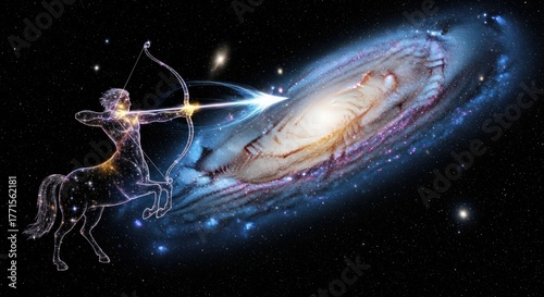 Cosmic archer illustration a centaur aiming an arrow at a vibrant distant galaxy concept