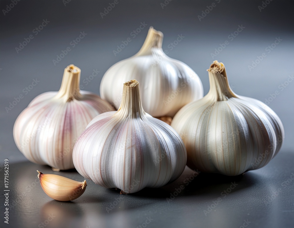 Obraz premium Fresh, vibrant garlic bulbs and a single clove captured in a close-up studio photograph, revealing their natural layers and essential culinary character