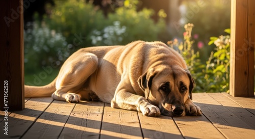 Contemplative canine repose: a moment of quietude on a sun-drenched porch backdrop