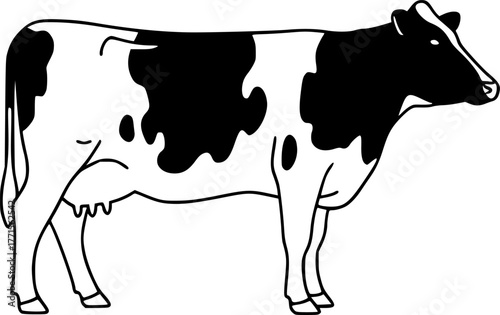 Holstein Cow Drawing – Black and White Vector Illustration, Dairy Cattle, Farm Animal, Livestock, Cow Outline, Classic Spots, Agriculture, Line Art, Minimal Design, Editable Vector.