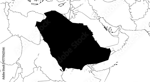 Saudi Arabia Silhouette – Black Vector Illustration, Country Map, Middle East, Geography, National Borders, Kingdom Outline, Travel, Cartography, Clipart, Editable Vector Design.