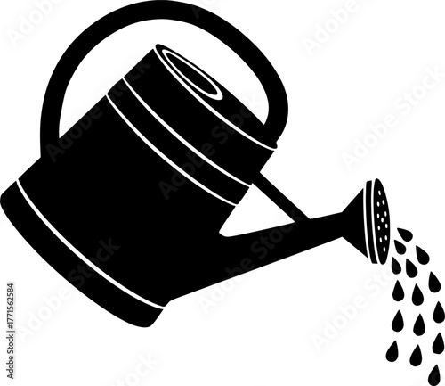 Watering Can Silhouette – Black Vector Illustration, Gardening Tool, Plant Care, Pouring Water, Agriculture, Nature, Horticulture, Clipart, Outline Design, Editable Vector.