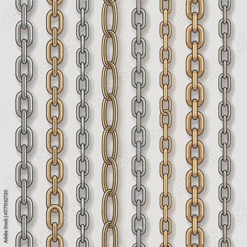 Collection of various metal chain links in different styles and colors