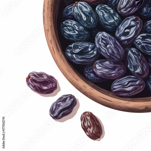 Close up of dark raisins in a wooden bowl and scattered on a white background
