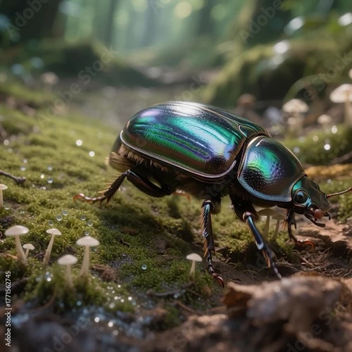 Iridescent Beetle Crawling on Mossy Forest Floor with Tiny Mushrooms and Glistening Dewdrops.