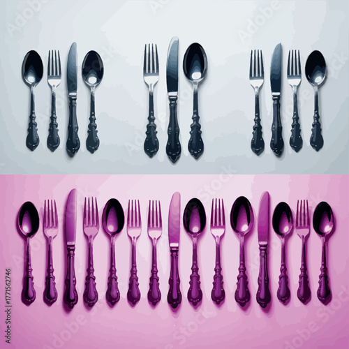 Elegant silverware set with purple and gray backgrounds