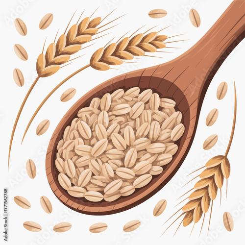 Wooden spoon filled with whole grain oats surrounded by oat stalks and kernels