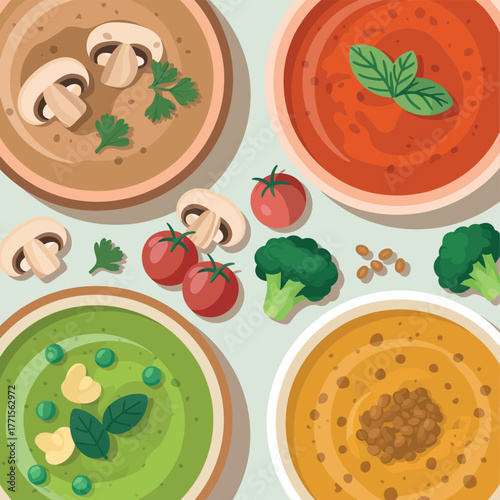 Four bowls of colorful soup with fresh ingredients surrounding them