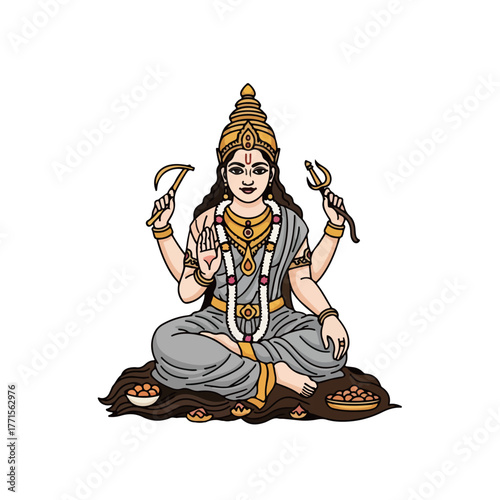 Hindu goddess Annapurna on white, showcasing divine figure with four arms holding weapons, sitting in lotus position. Hindu goddess Annapurna is adorned with traditional jewelry and serene expression,