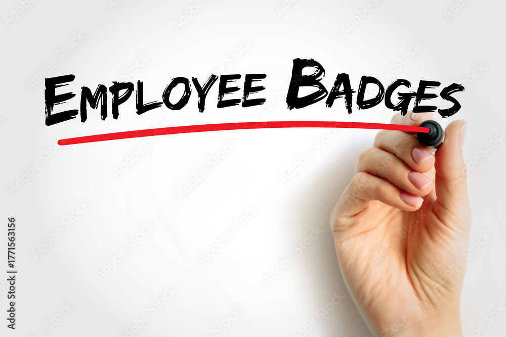 Fototapeta premium Employee Badges handwritten text underlined in red by hand. Concept for workplace identification, staff credentials, access control, and professional recognition system