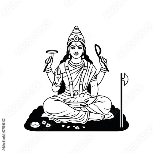 Hindu goddess illustration with traditional symbols in monochrome, portraying devotion. This goddess imagery represents divine power and spiritual grace, capturing essence of Hindu faith.
