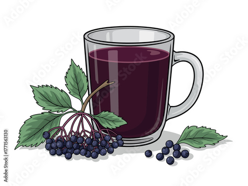 Glass mug filled with dark berry juice next to elderberries and leaves