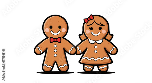 Cartoon illustration of a gingerbread man and gingerbread woman holding hands, both smiling, against a white background.