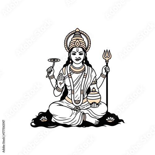 Depiction of hindu goddess Santoshi Mata with attributes on clean background. Santoshi Mata is seated in lotus position holding trident and water vessel; the hindu goddess symbolizes satisfaction.