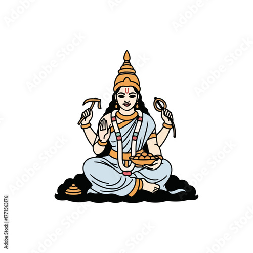 Depicting Vishwakarma deity with traditional tools, Vishwakarma deity shines as divine architect and craftsman. Depiction of Vishwakarma deity embodies creative energy and skill,