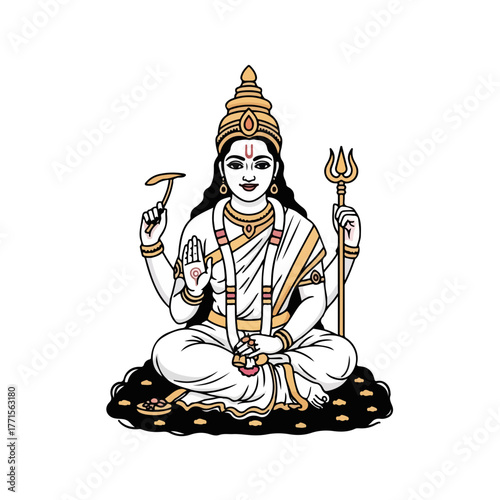 Hindu goddess Annapurna seated on lotus in traditional attire. Hindu goddess representation includes adornments and symbols in Hindu goddess's hands.