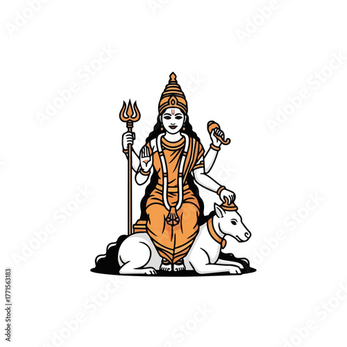 Isolated Hindu goddess icon displaying traditional symbolism and spiritual significance. Hindu goddess representation with cow, trident, and multiple arms symbolizes power and divinity.