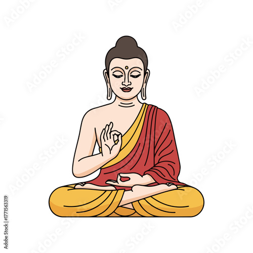 Seated Buddha displaying mudra, peaceful illustration in calm pose. Buddha is depicted sitting in meditation, showcasing cultural elements. Symbolic seated Buddha for spiritual contemplation,