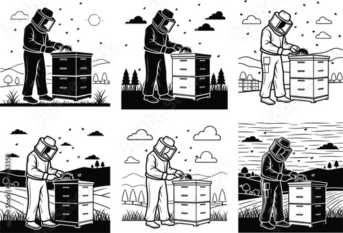 Beekeeper inspecting beehive in six vector styles, rural landscape, protective suit, honey farming, bees flying, black and white illustration, agriculture scene