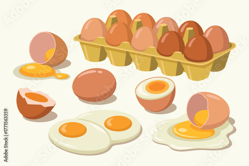 Collection of fresh eggs and cooked egg dishes on a light background